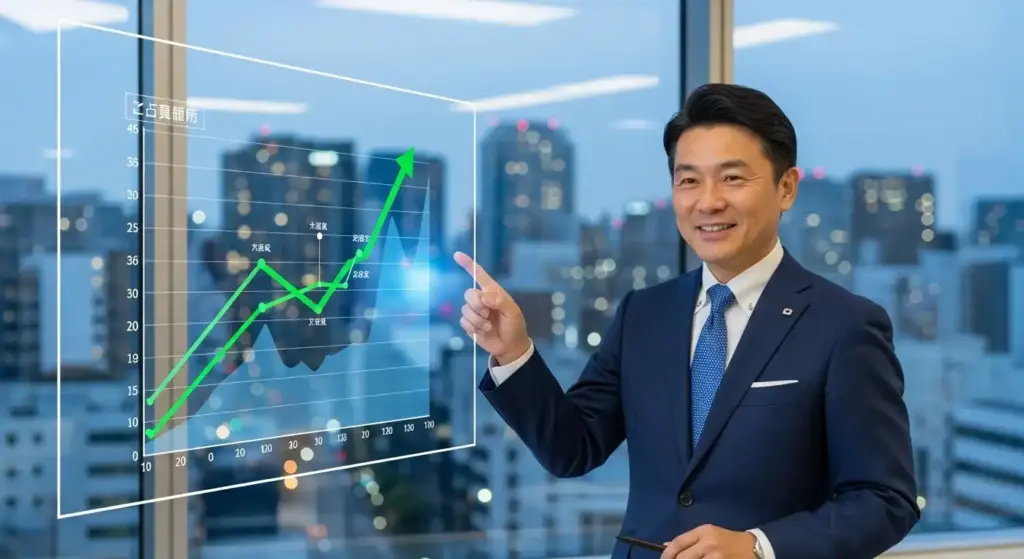 笑顔のビジネスパーソンが、上昇トレンドを示すホログラムのグラフを指差している。長期的な資産成長と成功を視覚的に表現。