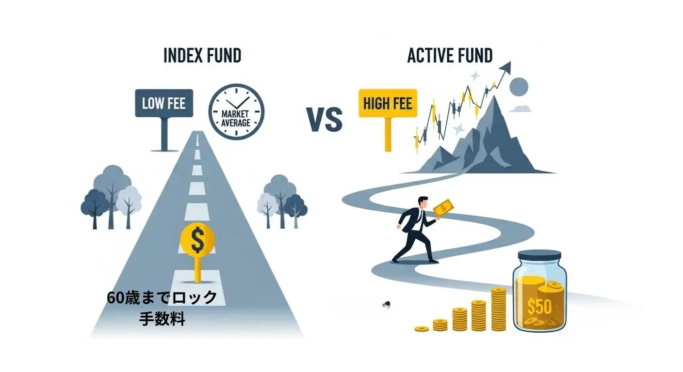 インデックスファンドとアクティブファンドのコスト、リターン、安定性、リスクの決定的な違いを比較したインフォグラフィック。公務員初心者のための賢い選び方を視覚的に示す。