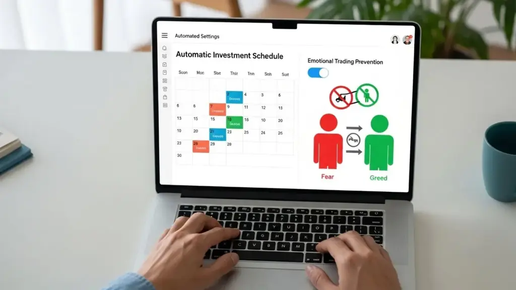 感情的な取引を排除し、自動的に積立が実行される様子。ドルコスト平均法のメリットを強調。