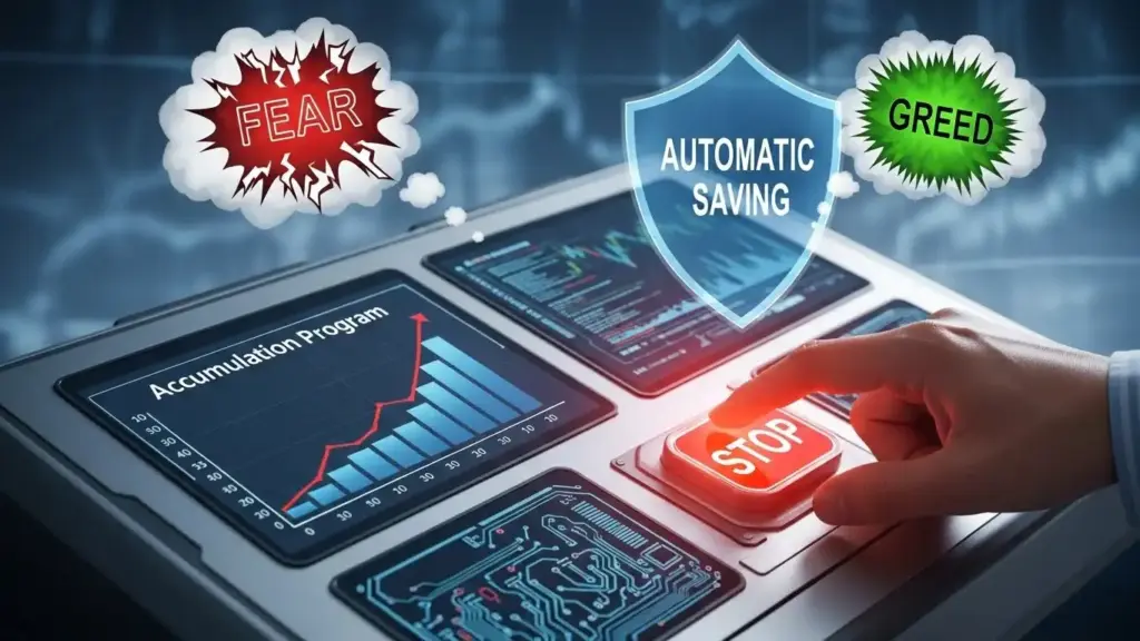 感情的な投資判断（恐怖・欲望）を避け、自動積立（機械的な取引）の重要性を示す図。