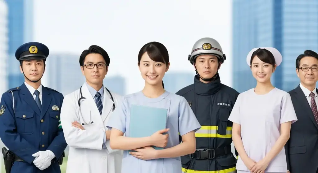警察官、医師、看護師、消防士、一般公務員の多様な職業の人々が並び、公務員の安定した職種と信頼性を象徴する集合写真。