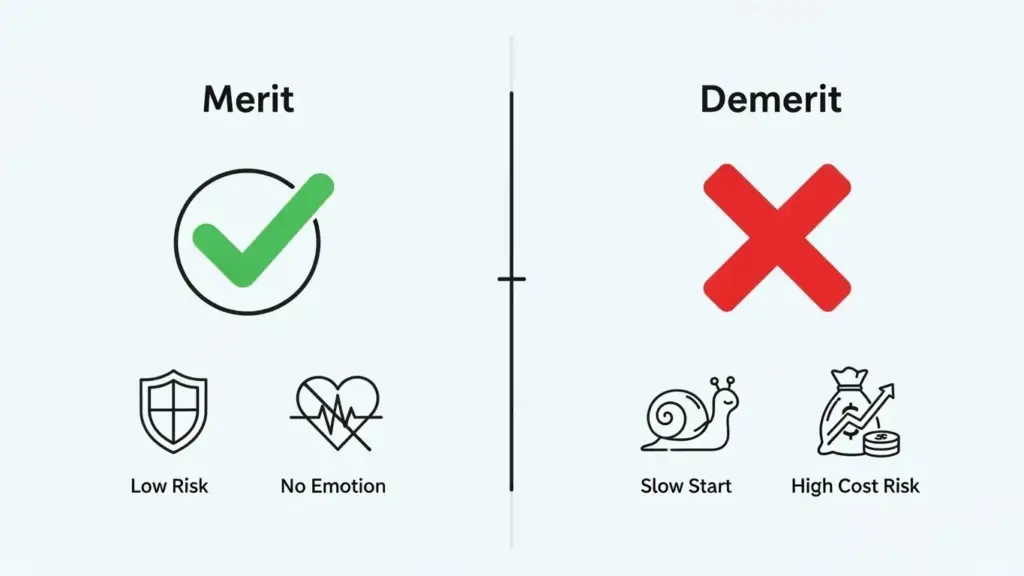 ドルコスト平均法のメリットとデメリットを天秤で比較した図。投資判断の際の考慮点を一覧で示す。