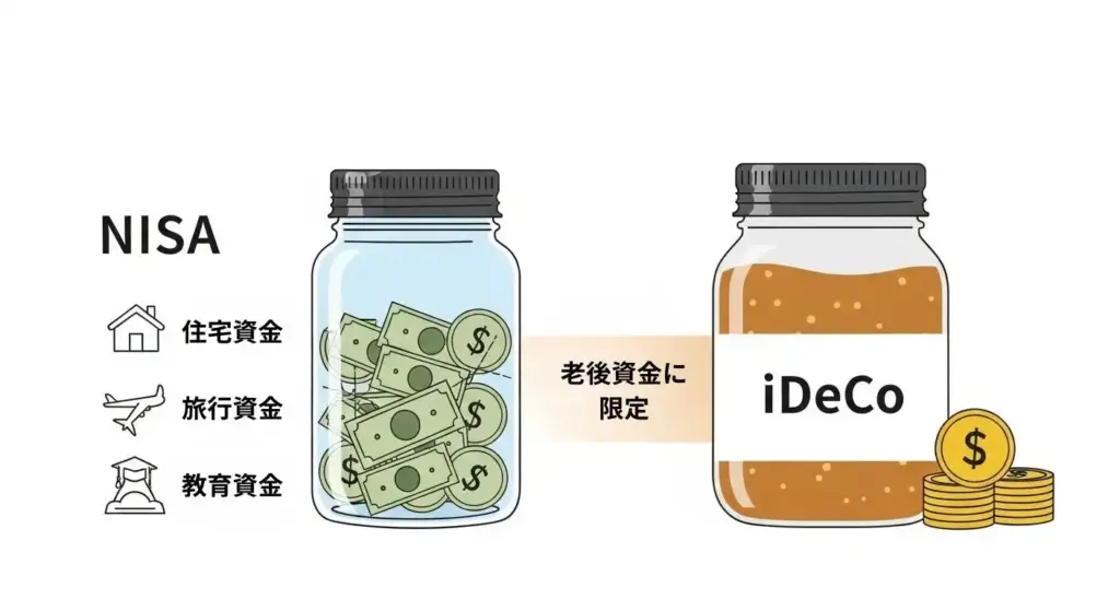 iDeCoの隣に置かれた、住宅、教育、旅行などのアイコンが入った瓶（NISA）のイラスト。NISAが流動性の高い、老後以外のライフイベントに使える資金であることを表現している。