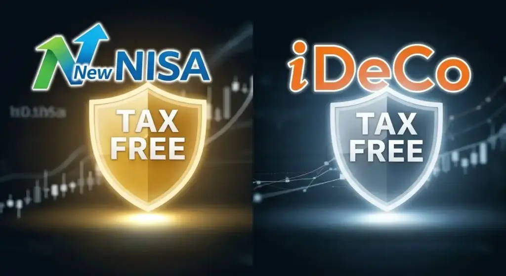新NISAとiDeCoのロゴの前に、非課税を意味するTAX FREEの盾が並んだイメージ図