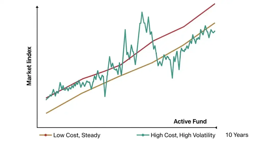 0年間の運用成績を比較したグラフ。インデックスファンドは市場平均と連動した安定成長を示し、アクティブファンドは上下の変動が大きいが、最終的にはインデックスを下回る可能性を示している。