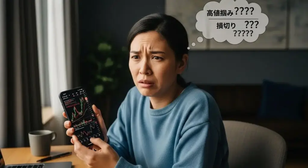 投資の誤解や高値掴み、損切りについて不安そうな表情を浮かべる投資初心者の人物。