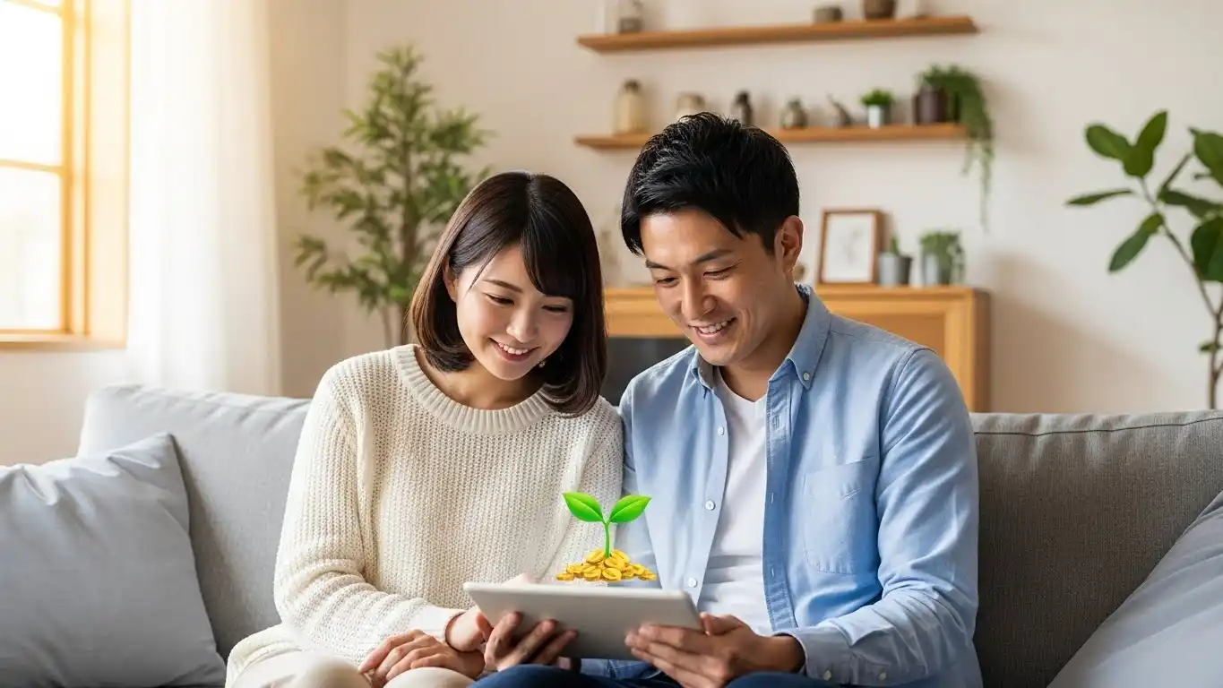 投資の始め方をタブレットで調べる30代の男女。資産運用への第一歩を象徴する明るいイメージ。