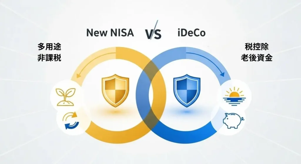 新NISAとiDeCoのロゴの前に、非課税を意味するTAX FREEの盾が並んだイメージ図
