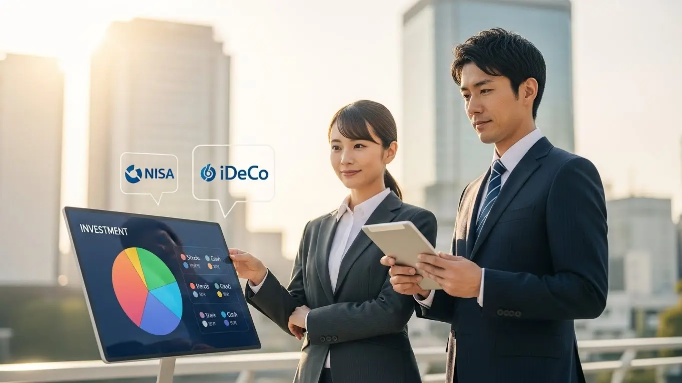 将来の資産運用について自信を持って話し合う日本の公務員の男女と投資ポートフォリオのイメージ