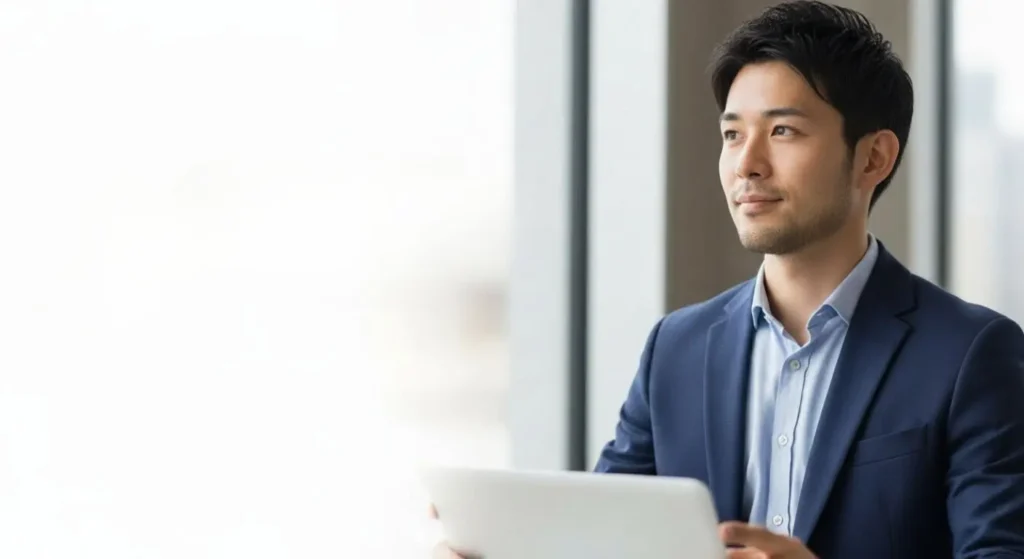 ラップトップを手に、穏やかな表情で将来を見据えるスーツ姿の若いビジネスマン