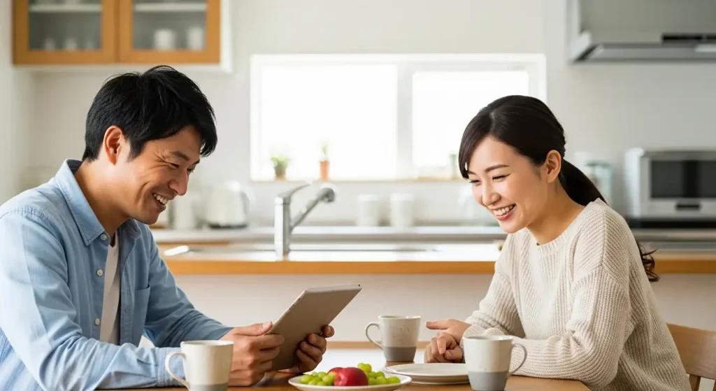 ライフプランと投資資金について明るい表情で話し合う日本の夫婦