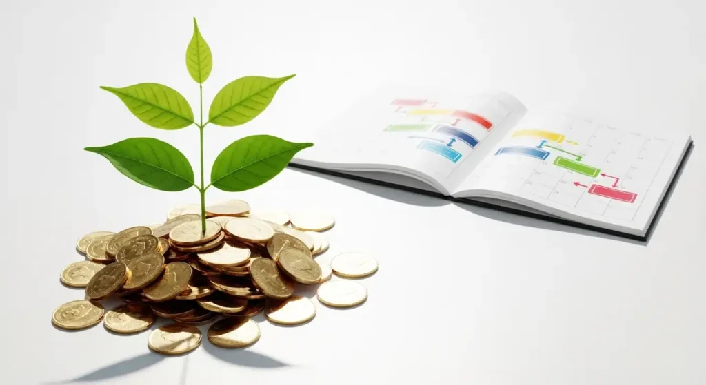コインから芽吹く植物と長期投資のイメージ