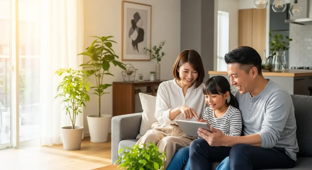 資産形成に成功し、新しい家で笑顔で将来の計画を立てる公務員の家族のビジュアル