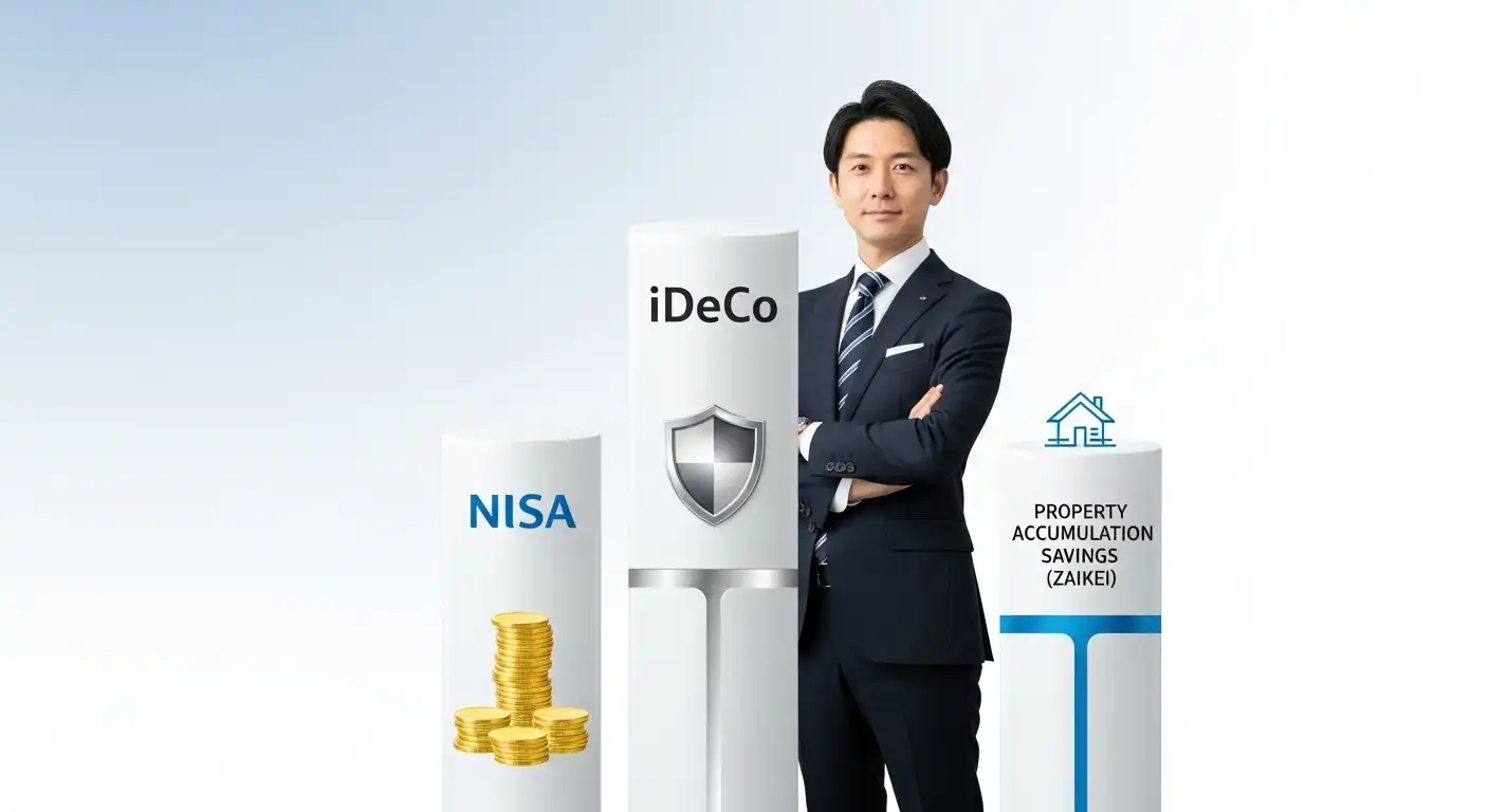 公務員の資産形成におけるNISA、iDeCo、財形貯蓄の3大制度を比較検討するイメージ図