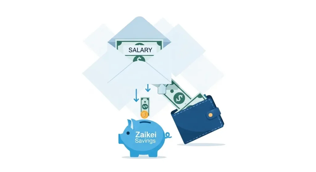 給与天引きによって自動的に財形貯蓄へお金が積み立てられる仕組みのイラスト