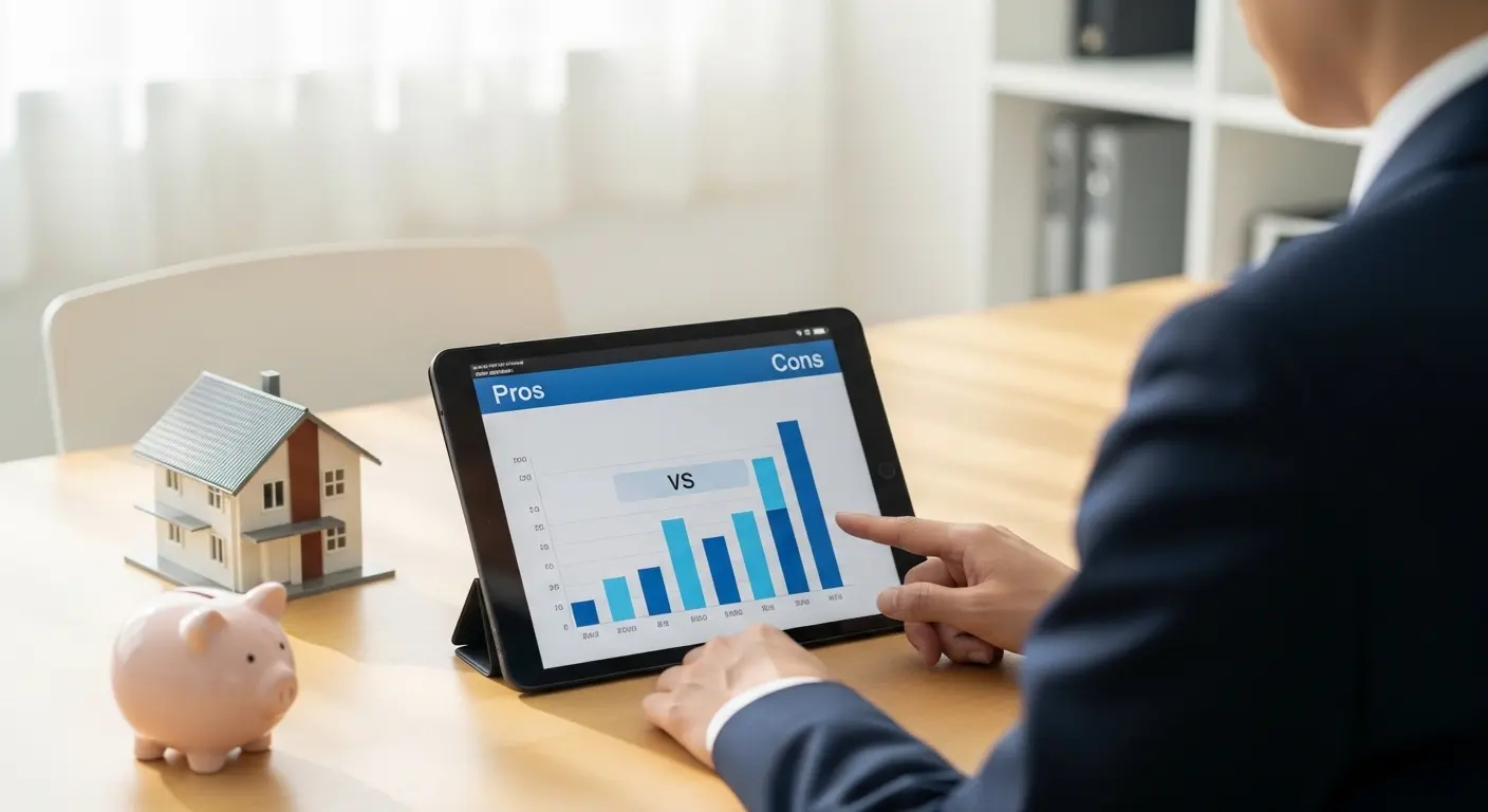 公務員が財形貯蓄のメリットとデメリットを比較検討している様子。