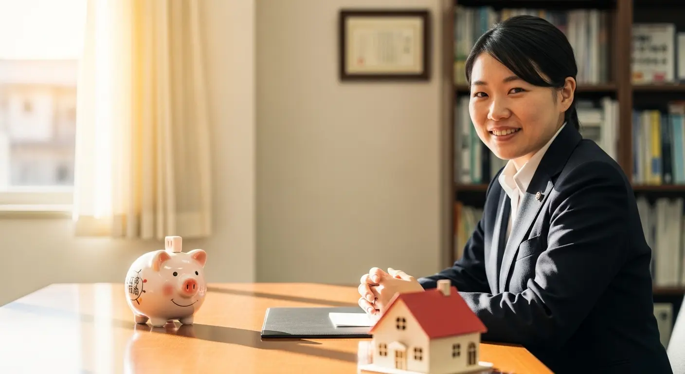 安定した将来設計をイメージし、家と貯金箱を見つめる公務員の姿。