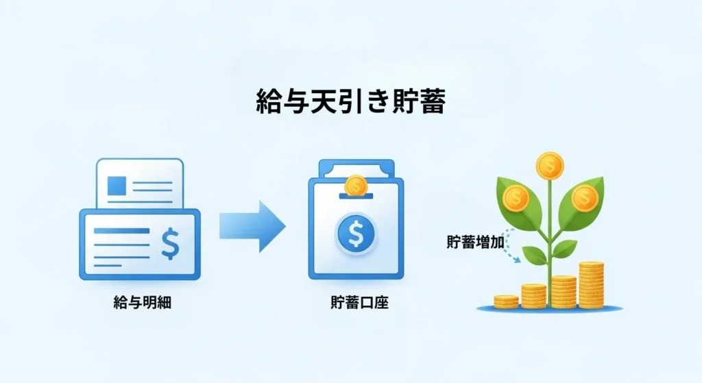 給料から直接天引きされ、自動的に積立が行われる財形貯蓄の仕組みを図解したインフォグラフィック