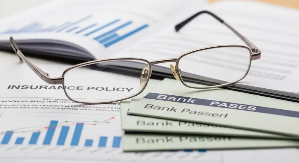  保険証券や通帳を広げて金融資産を見直している様子