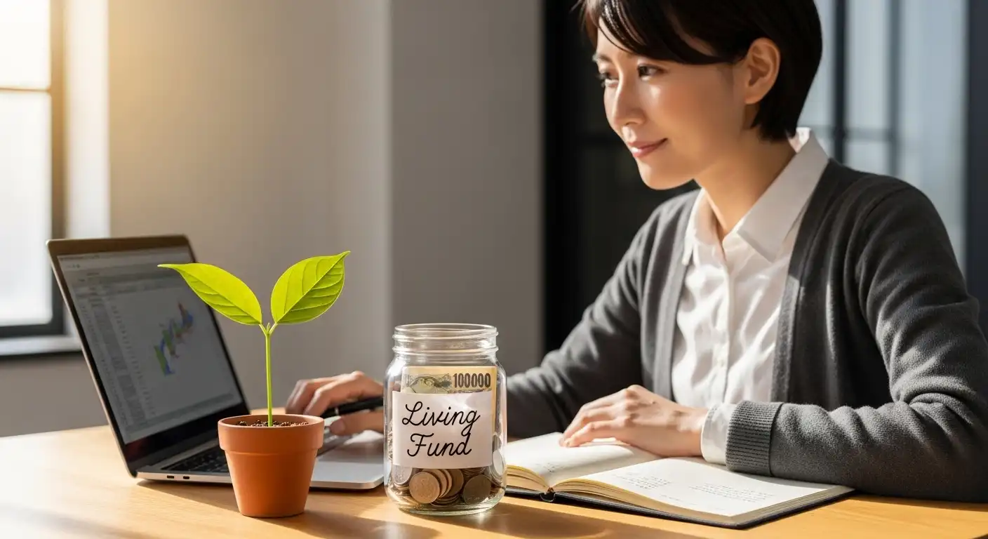 投資を始める前に生活費と生活防衛資金を確保し、安心して資産運用を検討する初心者の様子