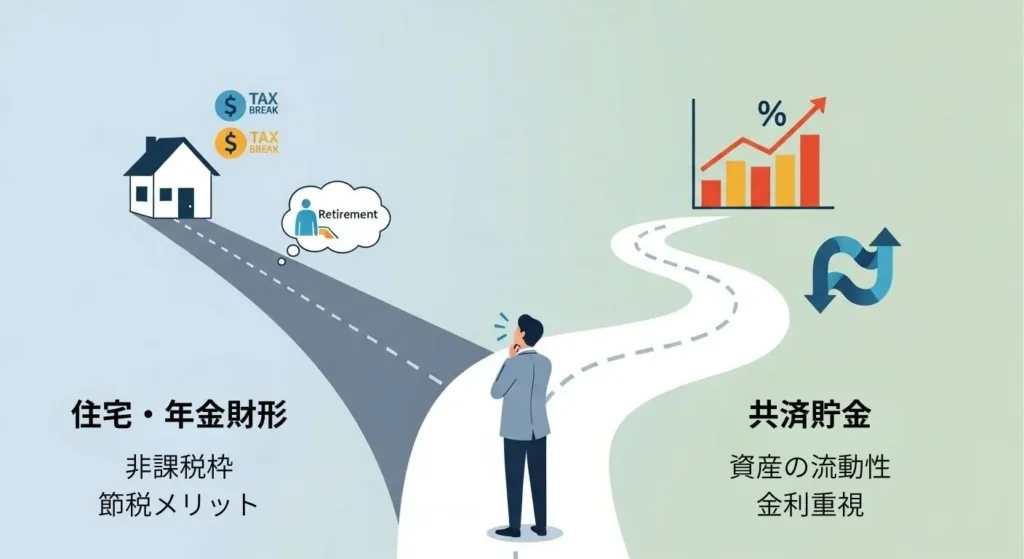 住宅・年金財形と共済貯金のどちらを優先すべきか、使い分けの基準を示したイメージ図
