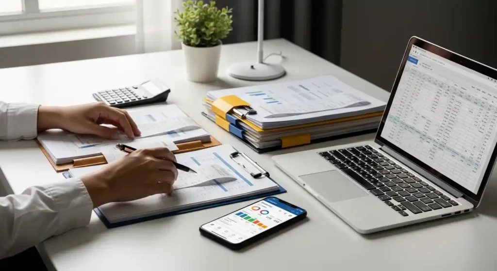 投資を始める前に家計の収支を確認し書類を整理している様子