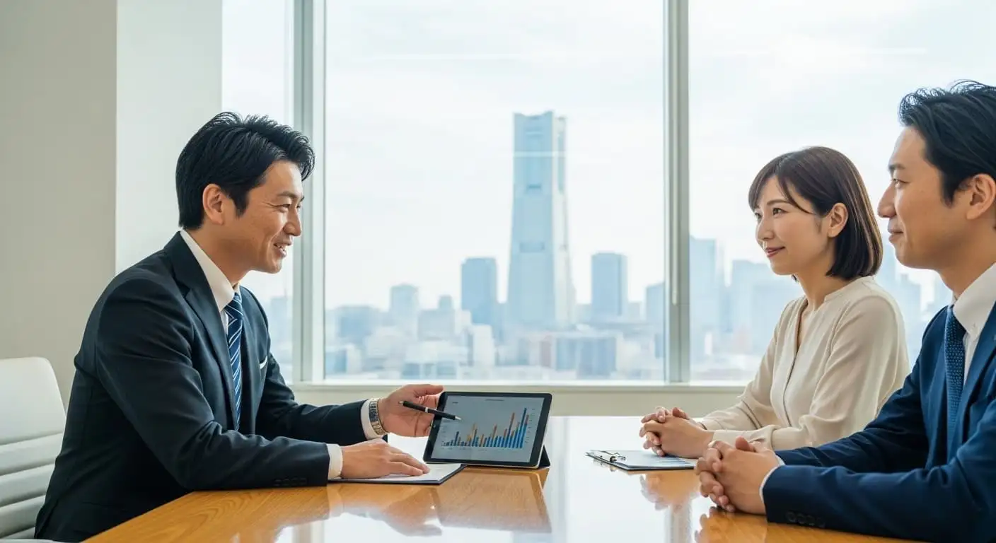 横浜のみなとみらいを背景に資産運用の相談をするカップルと専門家