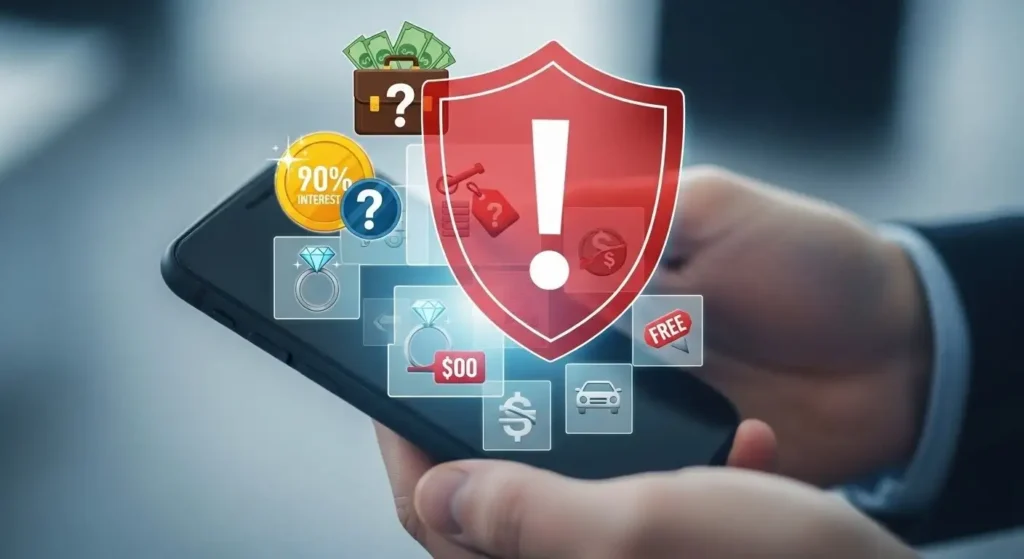 スマートフォンの不審な投資勧誘に対して警告シールドで防衛するイメージ 